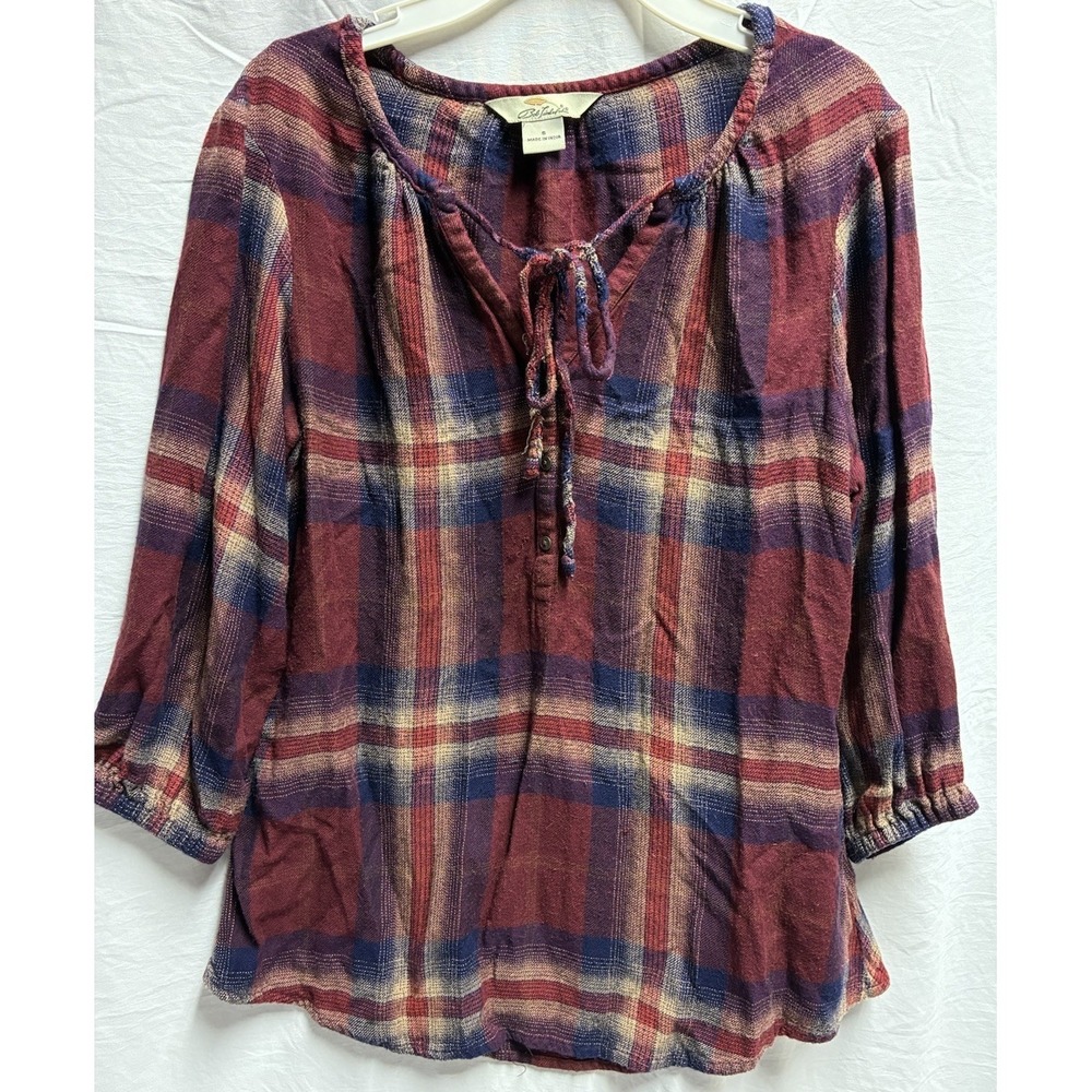 Bob Timberlake Shirt Womens  Small Maroon Tan Plaid Oversized Hippie Boho Comfy